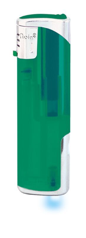 Nola 12 briquet électronique LED vert, rech. corps frosty, capuchon chrome, poucier chrome