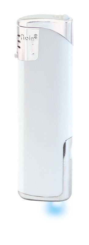 Nola 12 Elektronik Feuerzeug LED weiß nachfüllbar glänzend weiß, Kappe und Drücker chrom mit weiß