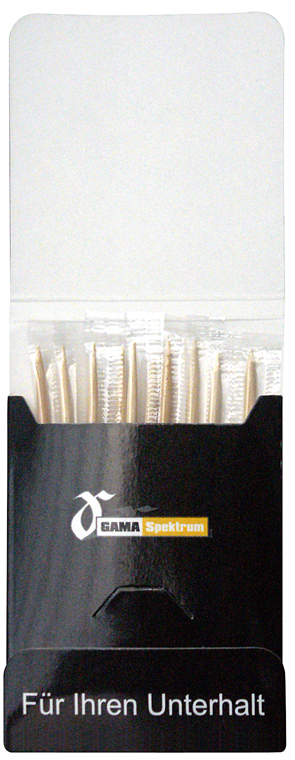 Wooden tooth picks in box, 73x40x4mm Content: approx. 10 wooden tooth picks