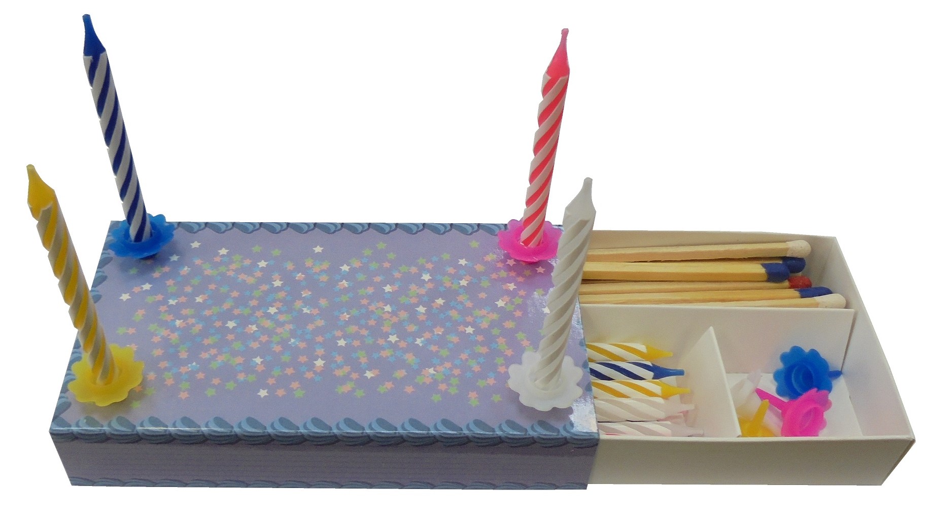 Boîte d'allumettes 112x62x20mm avec bougies d'anniversaire 
