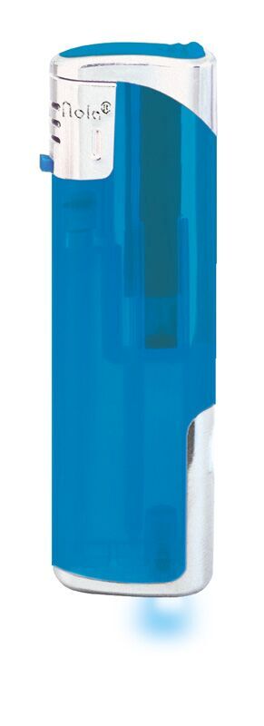 Nola 12 Elektronik Feuerzeug LED blau nachfüllbar frosty blau, Kappe und Drücker chrom mit blau